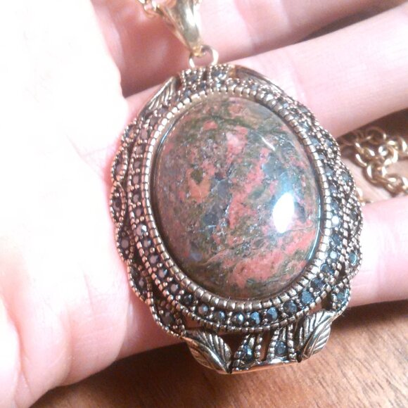 Unakite and Marcasite Goldtone Pendant Necklace - Picture 10 of 15